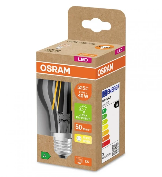 Bec LED Osram Classic A60, Ultra Efficient Light, E27, 2.5W 40W, 525 lm, lumina calda 3000K, cu filament