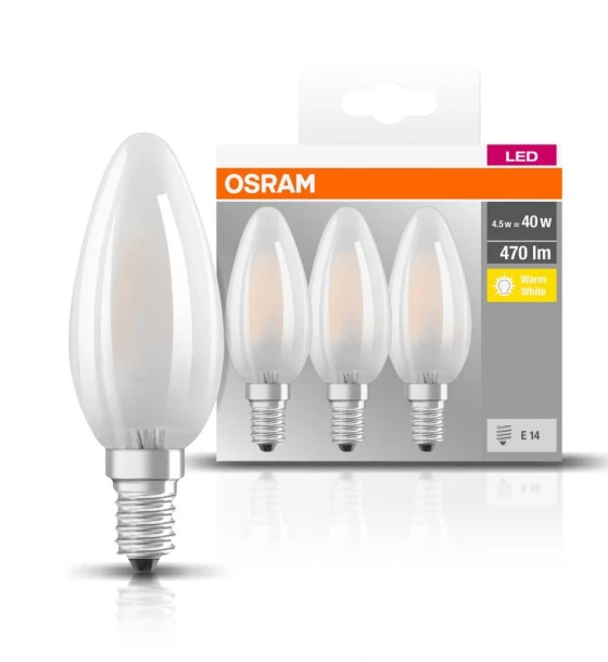 3 Becuri LED Osram Base Classic B, E14, 4W 40W, 470 lm, lumina calda 2700K, semi-transparent
