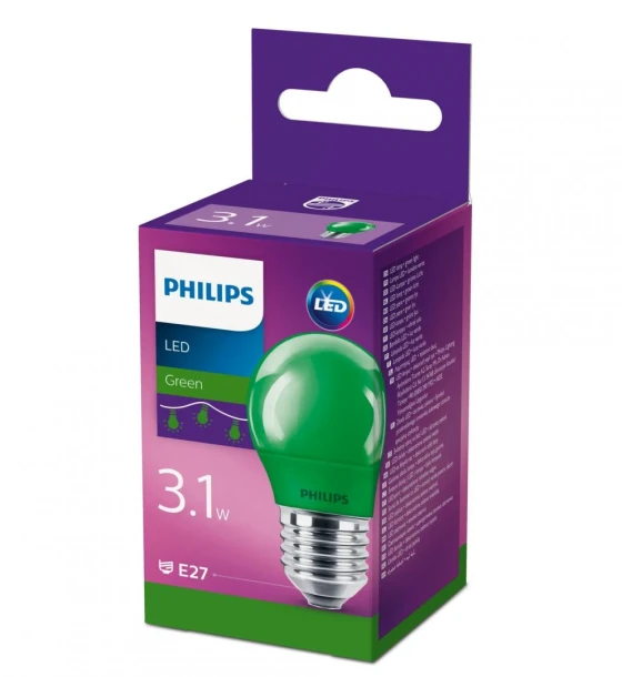 Bec LED Philips COLORED GREEN P45, E27, 3.1W 25W, lumina verde