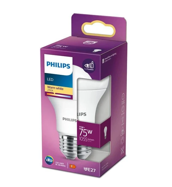 Bec LED Philips A60, EyeComfort, E27, 11W 75W, 1055 lm, luminacalda 2700K, mat
