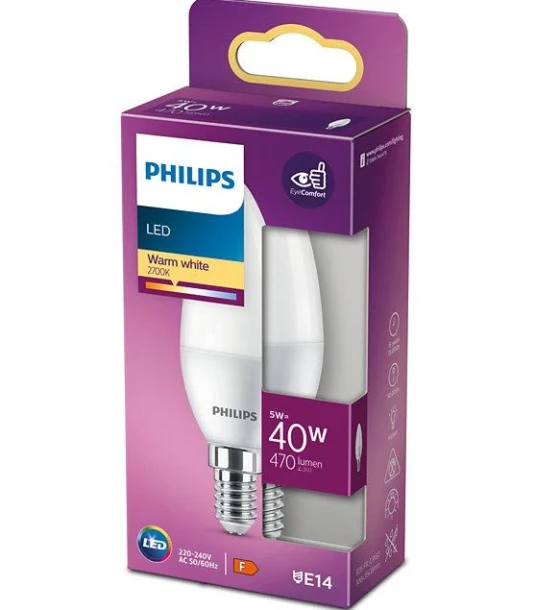 Bec LED Philips B35, EyeComfort, E14, 5W 40W, 470 lm, luminacalda 2700K, mat