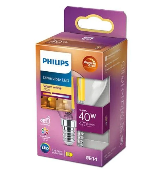 Bec LED Philips Classic P45, EyeComfort, E14, 3.4W 40W, 470 lm, luminacalda 2200-2700K, dimabil, cu filament