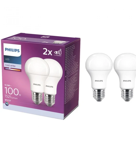 2 Becuri LED Philips A60, EyeComfort, E27, 12.5W 100W, 1521 lm, lumina neutra 4000K, mat