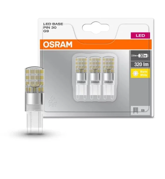 3 Becuri LED Osram Base PIN, G9, 2.6W 30W, 320 lm, lumina calda 2700K