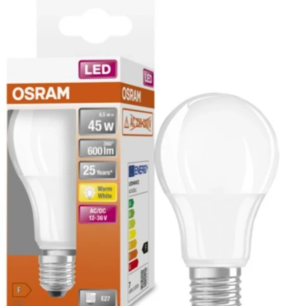Bec LED Osram Classic A60, E27, 12-36V AC/DC, 6.5W 45W, 600 lm, lumina calda 2700K, nu functioneaza la 220-240V