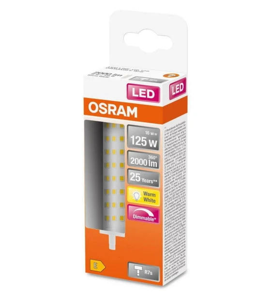 Bec LED Osram DIM LINE, R7s, 16W 125W, 2000 lm, lumina calda 2700K, dimabila, 118mm, Ø29mm