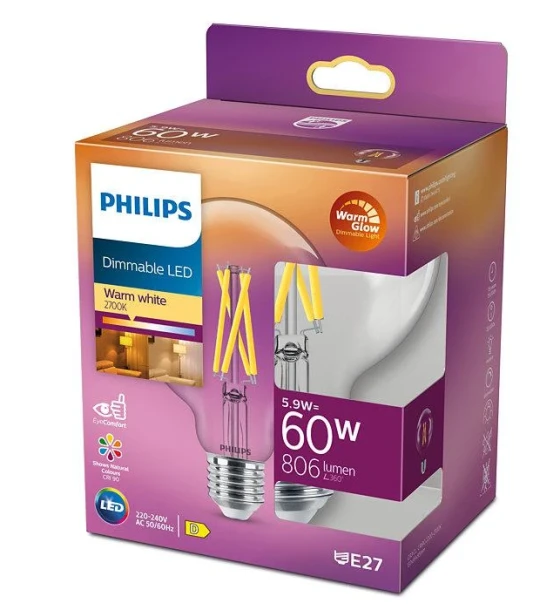 Bec LED Philips Classic G93, EyeComfort, E27, 5.9W 60W, 806 lm, luminacalda 2200-2700K, dimabil, cu filament