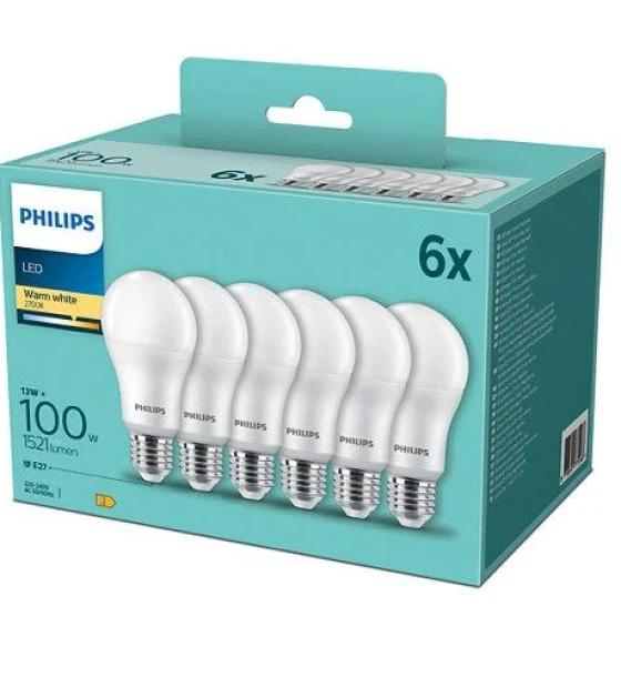 6 Becuri LED Philips A67, E27, 13W 100W, 1521 lm, lumina calda 2700K, mat