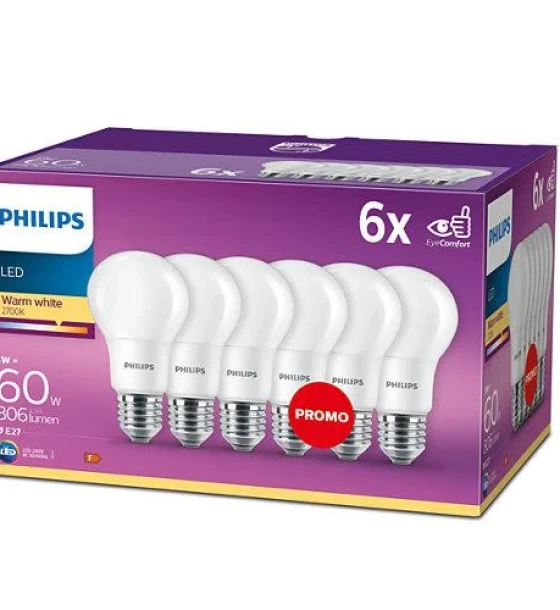 6 Becuri LED Philips A60, E27, 8W 60W, 806 lm, lumina calda 2700K, mat