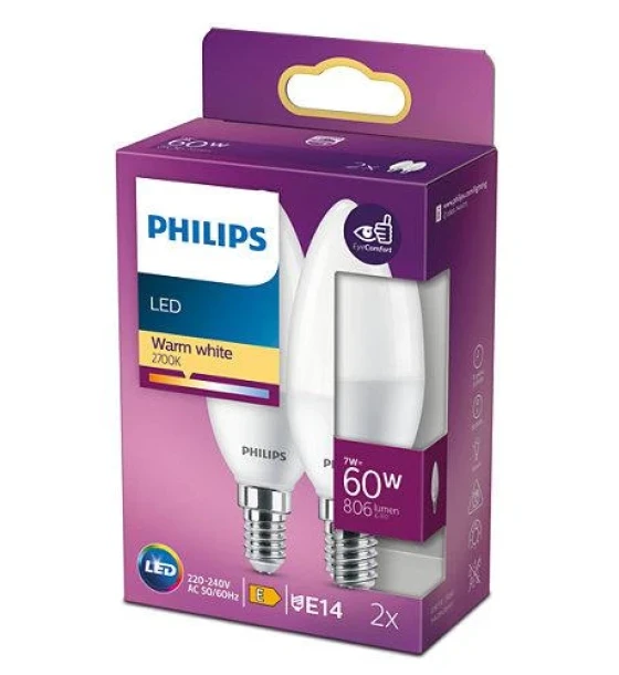 2 Becuri LED Philips B38, EyeComfort, E14, 7W 60W, 806 lm, luminacalda 2700K, mat