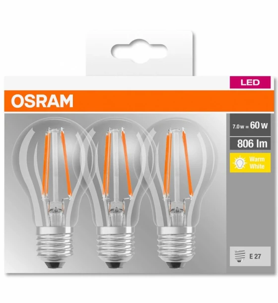 3 Becuri LED Osram Base Classic A, E27, 7W 60W, 806 lm, lumina calda 2700K, cu filament