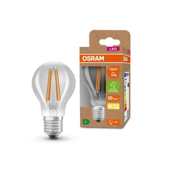 Bec LED Osram Classic A60, Ultra Efficient Light, E27, 5W 75W, 1055 lm, lumina calda 3000K, cu filament