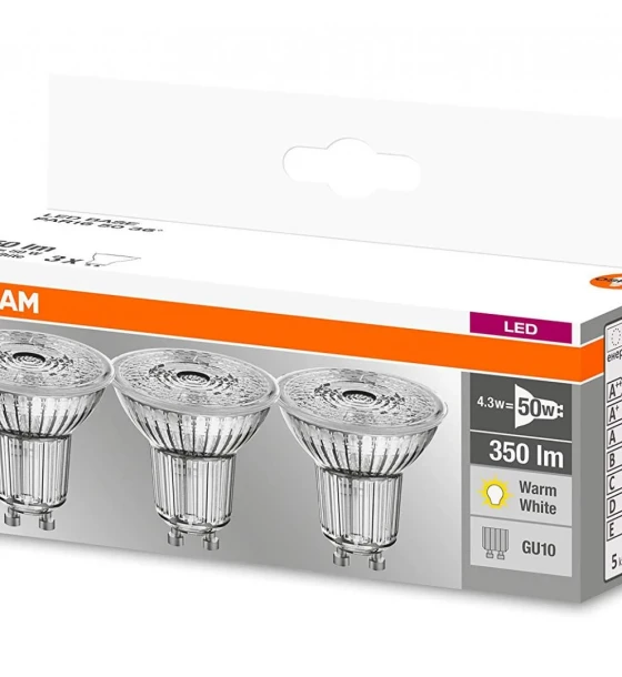 3 Becuri LED Osram Base PAR16 36, GU10, 4.3W 50W, 350 lm, luminacalda 2700K