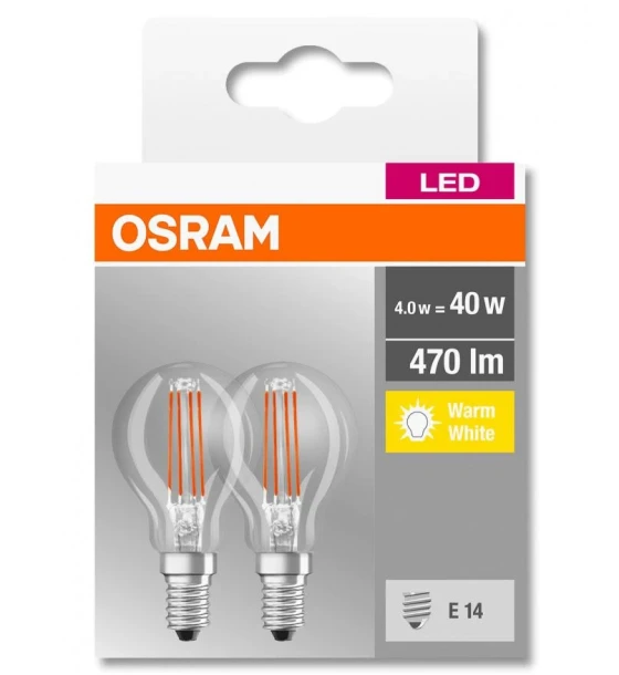 2 Becuri LED Osram Base Classic P, E14, 4W 40W, 470 lm, lumina calda 2700K, cu filament