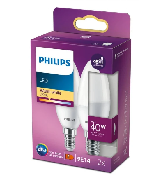 2 Becuri LED Philips B35, EyeComfort, E14, 5W 40W, 407 lm, luminacalda 2700K, mat