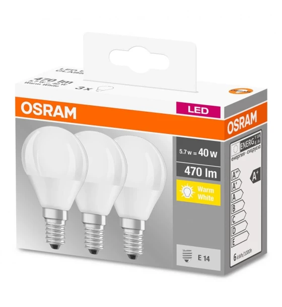 3 Becuri LED Osram Base Classic B, E14, 4.9W 40W, 470 lm, luminacalda 2700K