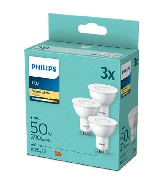 3 Becuri LED Philips Spot, GU10, 4.7W 50W, 380 lm, lumina calda 2700K