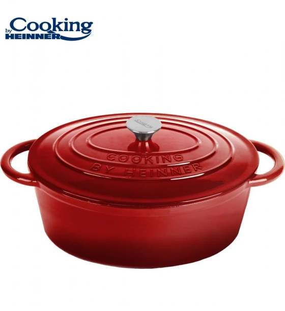 Semioala fonta emailata ovala+capac 33.5x26X12 cm, 6L, red line, cooking by heinner