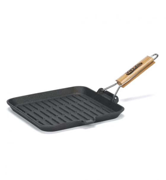 Tigaie grill fonta pura cu maner lemn detasabil, 23X2 cm, ambalaj eticheta color, vanora home