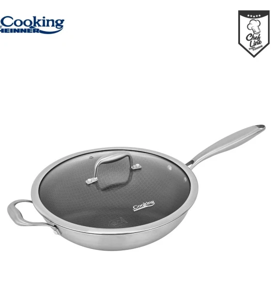 Tigaie wok inox + capac sticla 30x8.5 cm, 4.5L, TITANIUM3, cooking by heinner