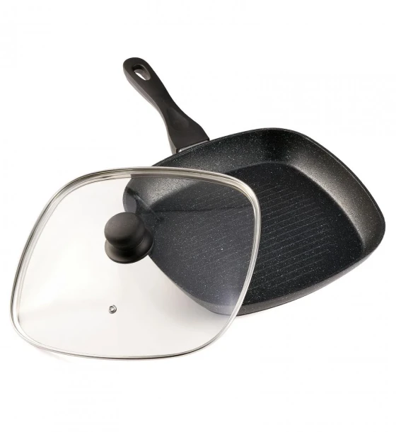 Tigaie grill aluminiu+capac, 28X4CM, black sand, cooking by heinner