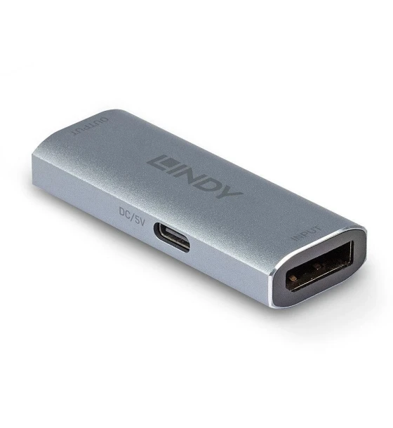 Cablu video Adaptor Lindy DisplayPort 1.4 Repeater, latime de banda suportata 32.4 Gbps, maxima 7680x4320 60Hz 4:4:4 8bit, material aluminiu, gri