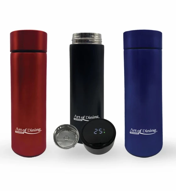 Cana Termos inox 450 ml, indicator LED temperatura, art of dining by heinner mix 3 culori in bax, 4 albastre, 4 negre, 4 rosii
