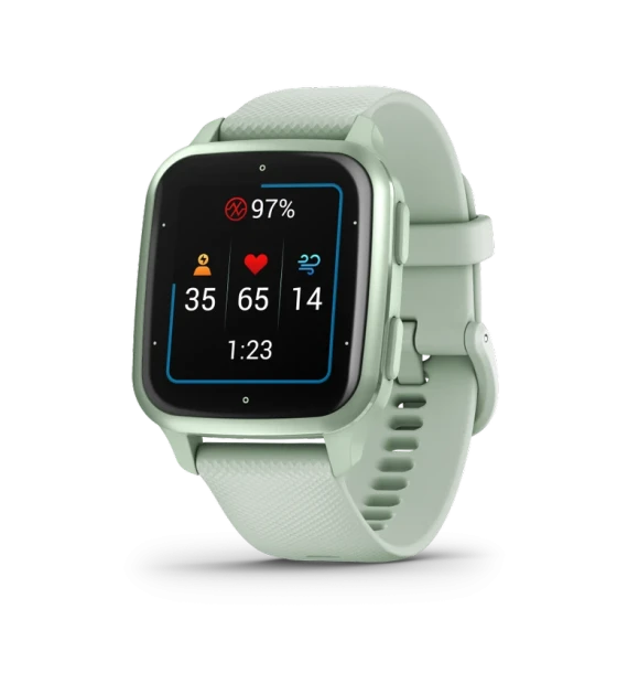 Ceas Smartwatch Garmin Venu SQ2 Metallic Mint Bezel with Cool Mint Case, Silicone Band 20mm, NFC, GPS, 5 ATM Water Proof