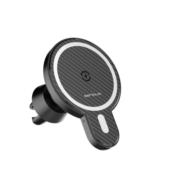 Accesoriu telefon Suport Auto Telefon Serioux, cu incarcare Wireless 15W, compatibil MagSafe, prindere grila ventilatie, Intrare 5V 2A 9V 2A, Iesire 5W 7.5W 10W 15W Max, Dimensiuni 61x84x71mm
