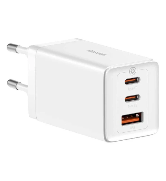 Incarcator retea Baseus GaN5 PRO, Quick Charge 65W, 2 porturi USB PD, 1 port USB Quick Charge, include cablu USB -C la USB-C de 100W, lungime 1m, alb