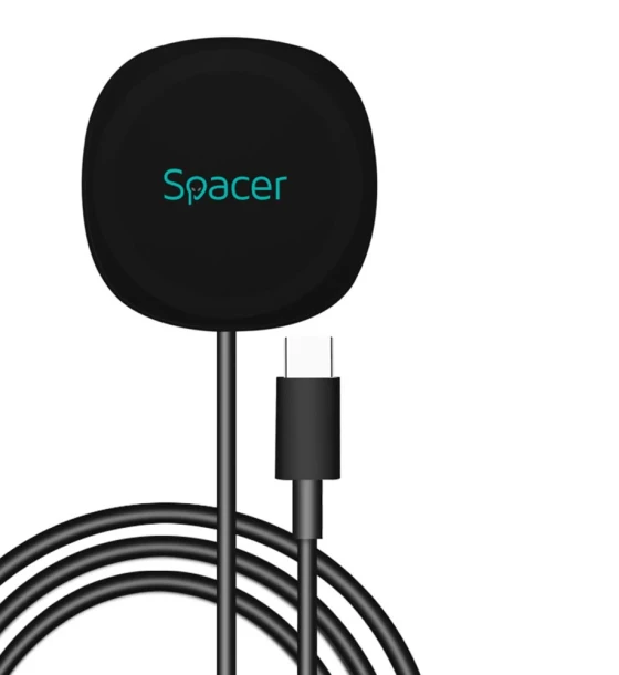 Incarcator wireless Spacer, Quick Charge 15W Qi, conector Type-C, rol de stand prin prindere magnetica, negru