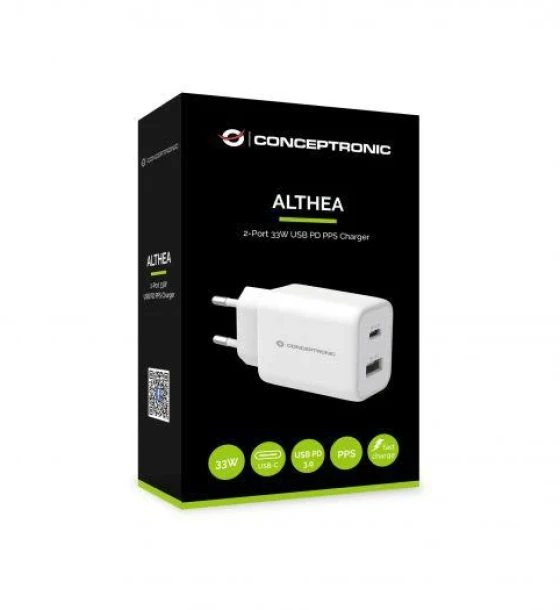 Incarcator telefon Conceptronic ALTHEA11W 2-port 33W pps USB PD charger, USB-A x 1, USB-C x 1, QC 3.0, 40.2 x 65.7 x 30 mm