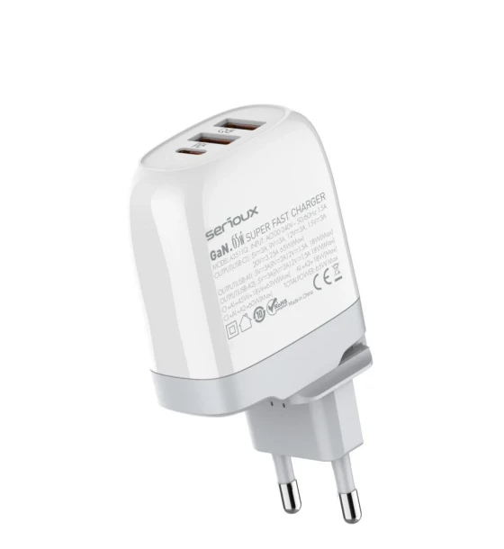 Incarcator retea Serioux 65W GAN QC, Intrare AC100-240V 50/60Hz 1.5A, Iesire USB-C1 5V-3A 9V-3A 12V-3A 15V-3A 20V 3.25A 65W Max, Iesire USB-A1 5V-3A 9V-2A 12V 1.5A 18W Max