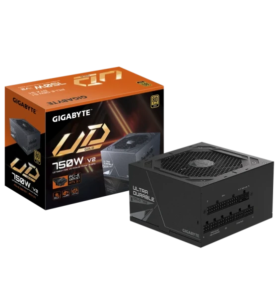 Sursa PC GIGABYTE UD750GM PG5 V2. Total power 750 W, AC input voltage 100 - 240 V, AC input frequency 50 Hz. Motherboard power connector 20+4 pin ATX, Motherboard power cable length 61 cm