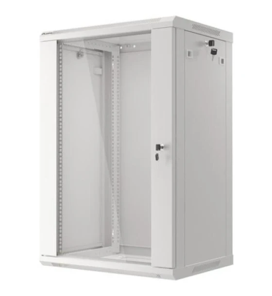 Dulap rack 19 inch perete 18U / 600x450 flat pack cu usa din sticla, gri V2