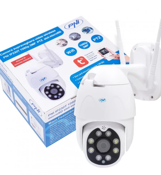 Camera supraveghere video wireless PNI IP230T 1080P cu PTZ, stand-alone, H264+ suporta microSD 128GB, Night Vision, aplicatia Tuya, P2P, Android, iOS, pentru interior si exterior