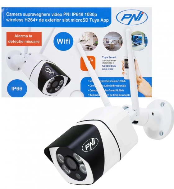 Camera supraveghere video PNI IP649 cu IP, 2MP 1080P, WiFi, slot card micro SD, compatibila cu aplicatia Tuya Smart, Culoare Alb/Negru, Senzor imagine 1/2.9 inch CMOS F37, 1080P 1920 x 1080