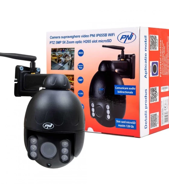 Camera supraveghere video PNI IP655B 5MP WiFi PTZ 5X Zoom optic H265, slot microSD, stand-alone, Night Vision 50m IP66 Alarma detectie miscare Comunicare audio bidirectionala
