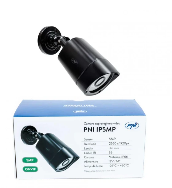 Camera supraveghere video PNI IP5MP cu IP, 5MP, H.265, ONVIF, de exterior si interior IP66, Senzor imagine CMOS, 2560 x 1920px, Tip lentila f 3.6mm, Compresie imagine H.265