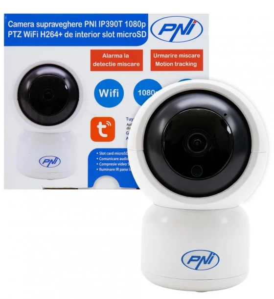Camera supraveghere video PNI IP390T 1080P cu PTZ WiFi H264+ suporta microSD 128GB, Night Vision, aplicatia Tuya, P2P, Android, iOS, pentru interior, rotire dupa miscare, alarma la miscare