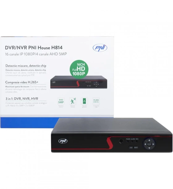 Camera supraveghere IP DVR/NVR PNI House H814 - 16 canale IP full HD 1080P sau 4 canale analogice 5MP, Numar canale video 4 canale, Compresie video H.265, Analog 4 x 5MP IP 16 x 1080P x 5MP Hibrid 4 x 5MP + 2 x