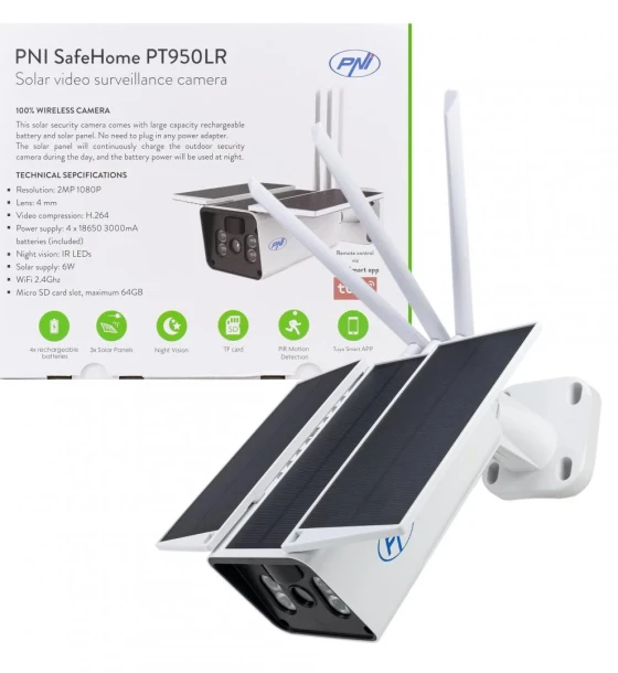 Camera supraveghere video PNI SafeHome PT950LR 1080P 2MP cu panou solar 6W, WiFi, acumulator, control prin aplicatia Tuya Smart, integrare in scenarii si automatizari smart cu alte produse
