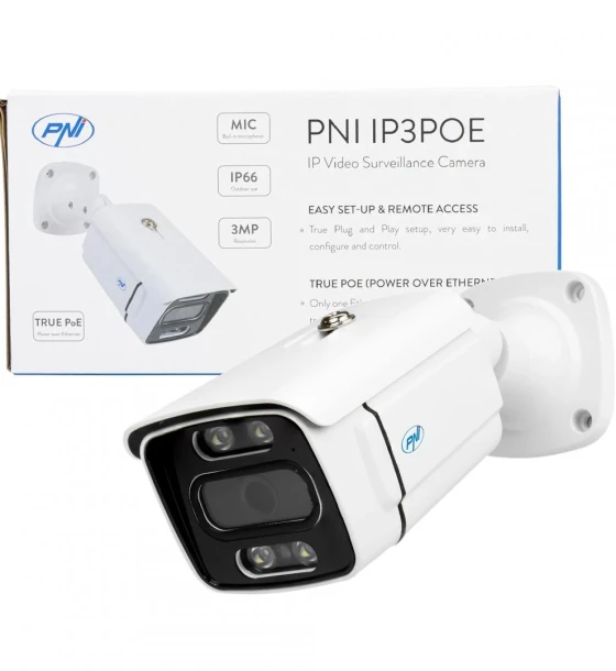 Camera supraveghere video PNI IP3POE cu IP, 3MP, de exterior IP66, microfon incorporat, compatibila cu sistemul de supraveghere POE PNI House IPMAX POE 3 si PNI House IPMAX POE 3LR
