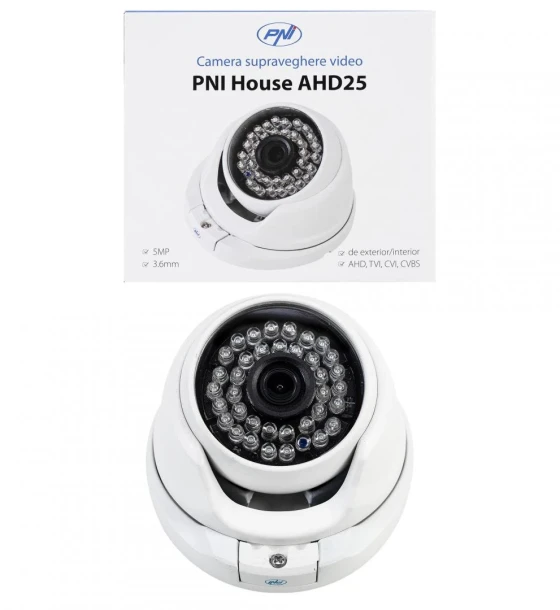 Camera supraveghere IP Camera supraveghere video PNI House AHD25 5MP, dome, lentila 3.6mm, 36 LED-uri IR, de exterior sau interior, IP66, Sistem TV PAL, IR 25m, Dimensiuni 100 X 105 X 75 mm