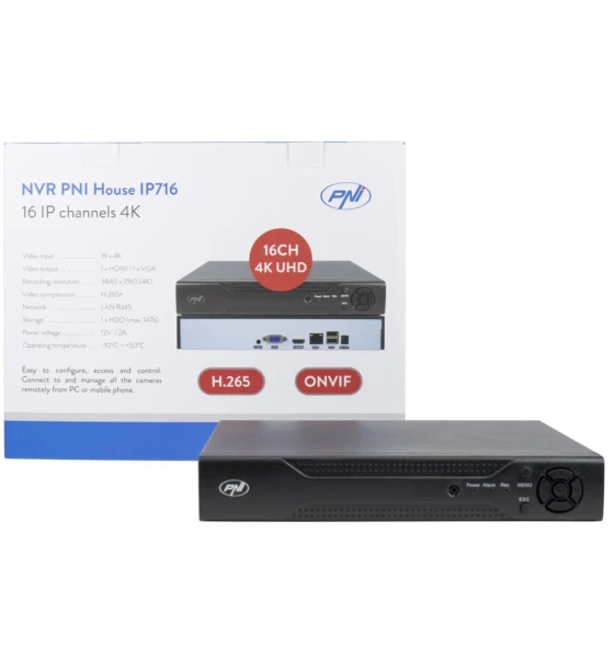 Camera supraveghere IP NVR PNI House IP716, 16 canale IP 4K, H.265, ONVIF PNI-IP716, Vizualizare pe mobil si PC Android, iOS, Windows, 16 canale IP x 4K, RJ45 - 10 Mbps, Iesire audio 1 x 3.5mm, Iesire video VGA