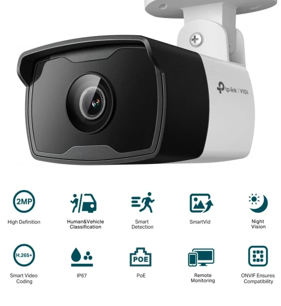 TP-Link Camera IR de supraveghere Bullet pentru exterior VIGIC320I 4MM, Senzor imagine CMOS 1 inch, Lentila 2.8mm, F2.2, Weatherproof IP67, Infrarosu 30m, maxima 2 MPX, 1920 x 1080