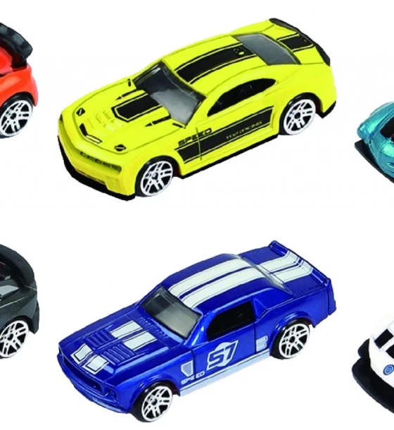 Masinuta jucarie Macheta die cast, set 6 masini curse, scara 1, 7.5CM, diverse modele si culori- portocaliu, galben, bleu, gri, albastru, alb, negru