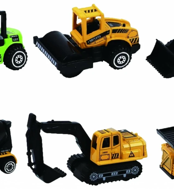 Masinuta jucarie Macheta die cast, set 6 utilaje, scara 1, 7.5CM, diverse modele si culori- incarcator, compactor, buldozer, betoniera, excavator senile, basculanta- alb, bleu, negru si galben