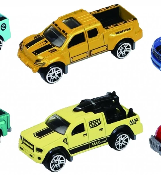 Masinuta jucarie Macheta die cast, set 3 camionete, scara 1, 7.5CM, diverse modele si culori- bleu, portocaliu, albastru, turquoise, galben, rosu, roz, verde, turquoise, alb