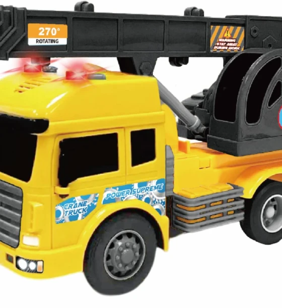 Masinuta jucarie Vehicule cu lumini, sunete si frictiune, scara 1, 27CM, macara galbena